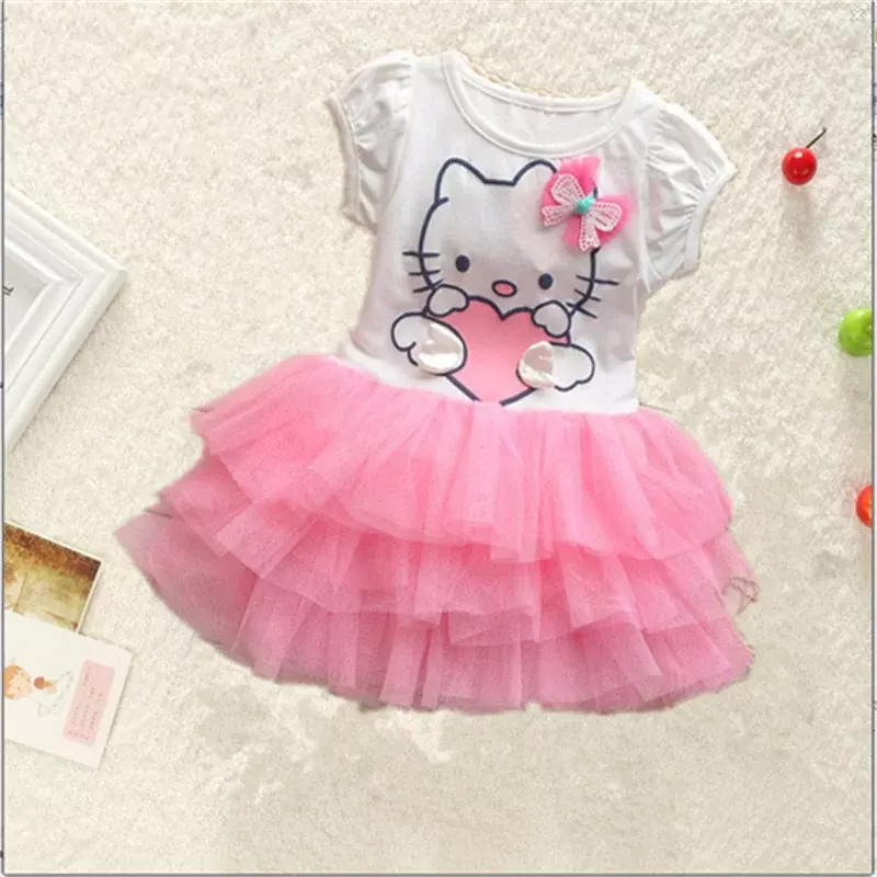 Sanrio HelloKitty Dress Children Clothing Cute Girls Short Sleeved Mesh TuTu Princess Dresses Kid Birthday Party Vestidos
