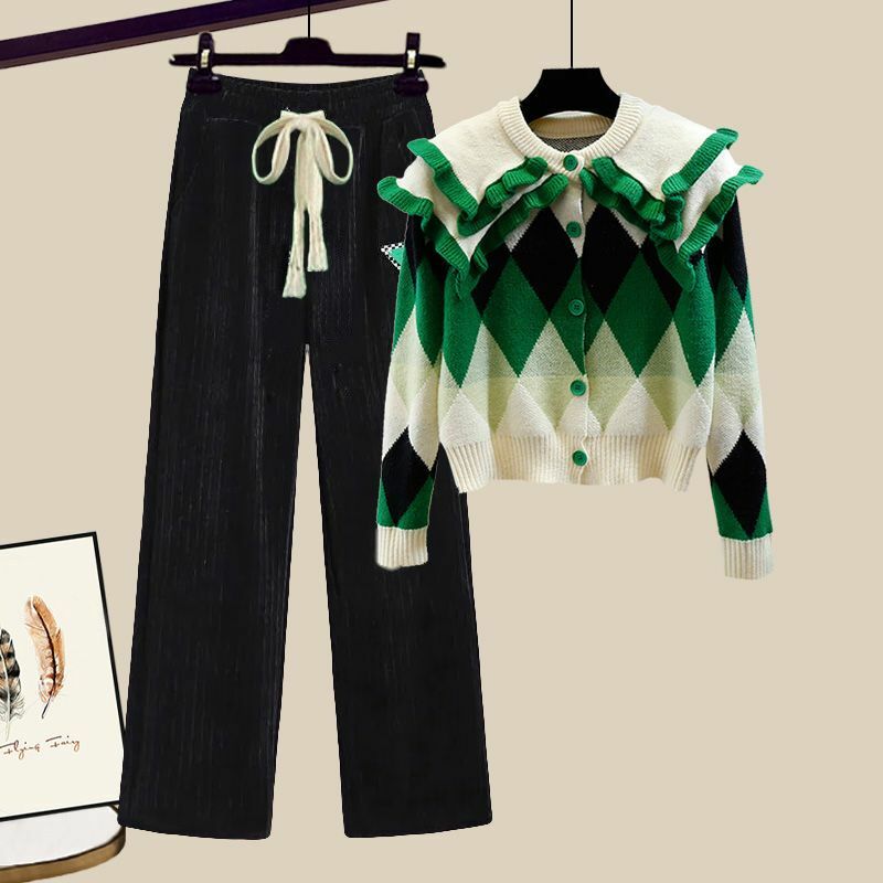 Новинка 2024, зимний большой женский комплект, модный и элегантный вязаный свитер, широкие брюки с высокой талией, комплект из двух предметов для женщин