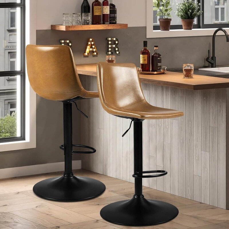 Ensemble de 2 tabourets de bar réglables en cuir PU, chaise de bar sans bras pour îlot de cuisine