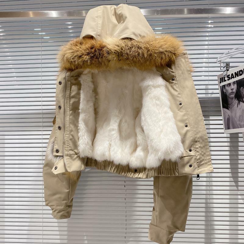 2022 zima nowe futro kurtka kobiety z kapturem typu Oversized kołnierz z futra lisa podszewka z futra królika krótkie kurtki damskie ciepłe bawełny płaszcz