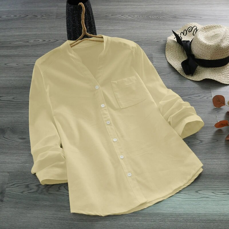 Blusa informal de lino y algodón para mujer, camisa de manga larga con bolsillo y botones, holgada, sencilla, de ocio