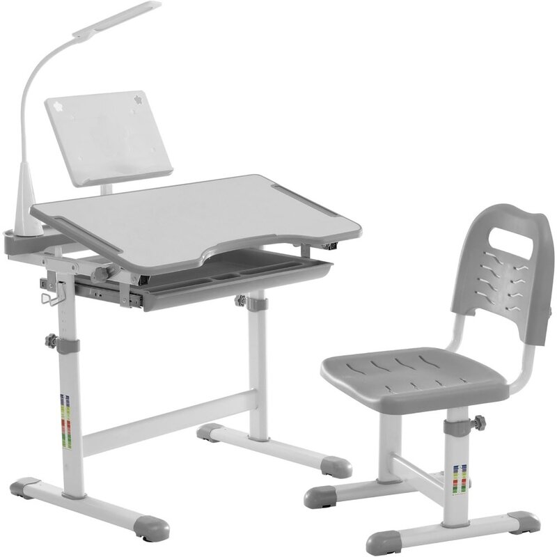 Desk and Chair Set, Height Adjustable Children School Study Desk with Tilt Desktop, Book Stand, LED Light,