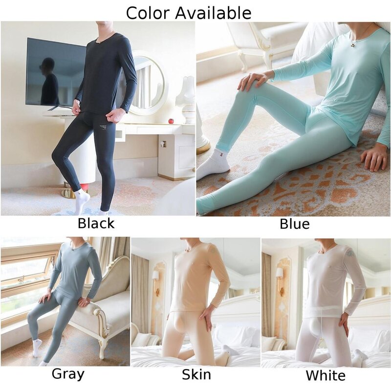 Men Thermal Underwear Set Ice Silk See Through Stretchy Warm Top Long Johns Pants Outfit Breathable Tight Bottoms Clothes