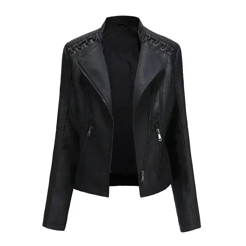 Jaqueta de couro sintético feminina, casaco de motociclista, preto, rosa, vermelho, gola virada para baixo, novo, 2024