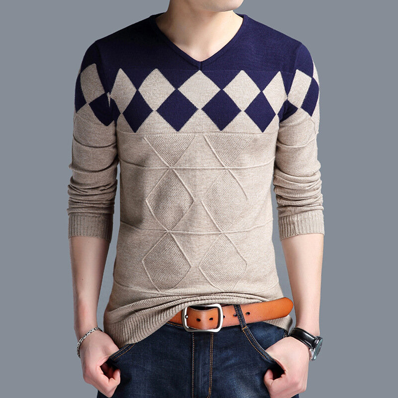 Мужская повседневная одежда, мужской кашемировый шерстяной свитер, мужской свитер, Осенние облегающие пуловеры, мужские свитера с узором ромбиками