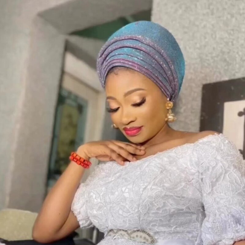 Fashion Women Glitter Pleated Turban Cap for Women Auto Gele Headtie Female Head Wraps African Nigeria Wedding Party Headpiece