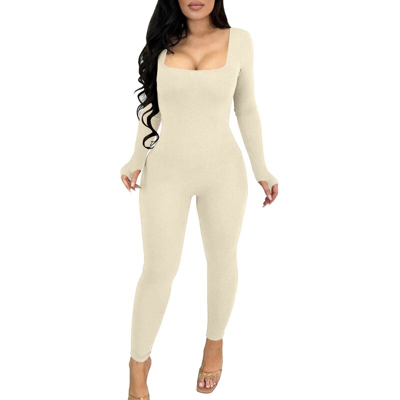 Women Skinny Jumpsuit Solid Color Ribbed Knit Long Sleeve Square Neck Bodycon Jumpsuit Work Out Sport Yoga Playsuits