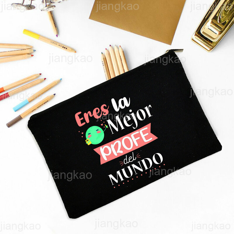 Best Teacher In The Word Spanish Print Pencil Bag School Stationery Supplies Storage Bags Travel Makeup Bag Toiletry Pouch Gifts