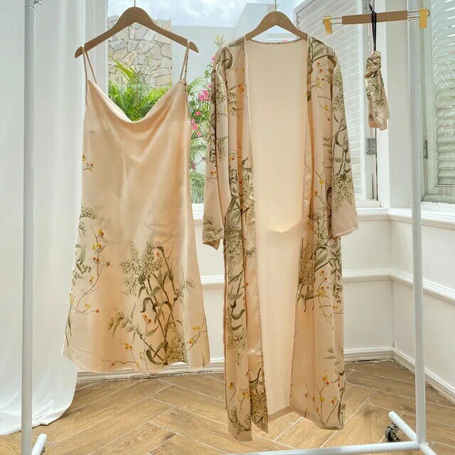 Bata de dormir con estampado de 2 piezas para mujer, Kimono nupcial, bata de baño, lencería de satén con cuello en V, Camisón con tirantes