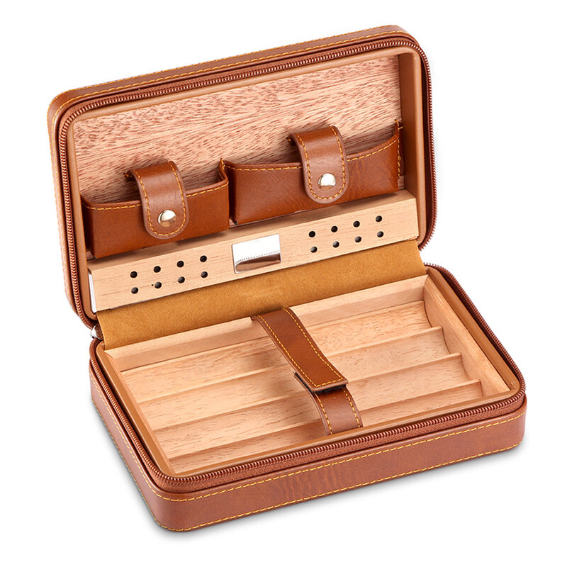 Caja de viaje para cigarros de Humidor portátil, humidificador de madera de cedro de cuero con cortador, encendedor Puro, accesorios