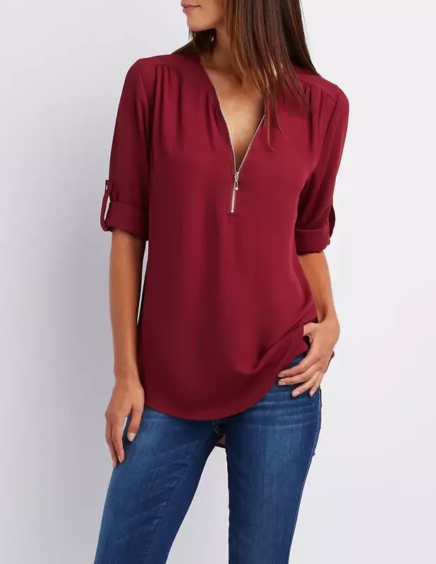 Zomer Vrouwen Cool Losse Shirt Diepe V-Hals Chiffon Blouse Casual Dames Tops Sexy Rits Pullover Plus Size Lange Mouw Mode