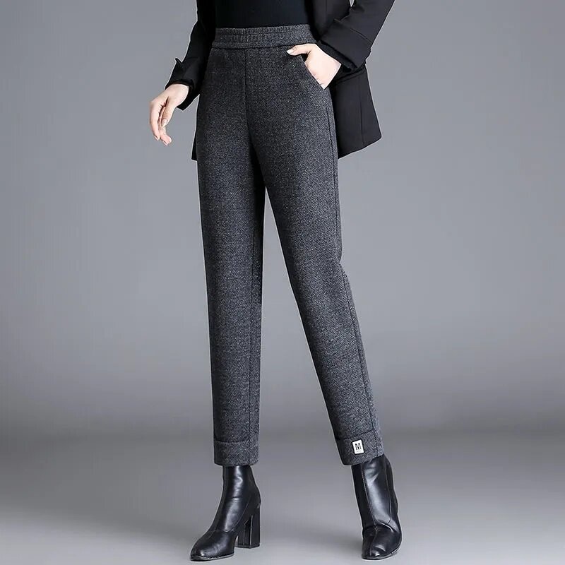 Celana wol berpinggang tinggi untuk wanita, celana panjang setumit kasual longgar Harlan pinggang tinggi musim gugur dan dingin 2024