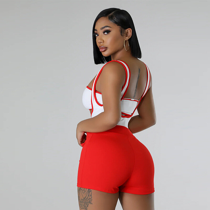 Color Patchwork Sexy Two Piece Set Women 2024 Summer Tube Crop Tops Sleeveless Straps Playsuits Stretch Casual Streetwear