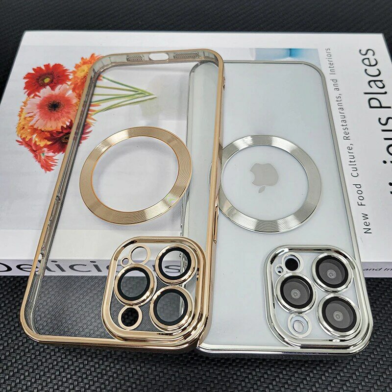 Luxury Transparent Plating For Magsafe Case For iPhone 11 12 13 14 15 Pro Max Plus Wireless Charging Soft Shockproof Cover