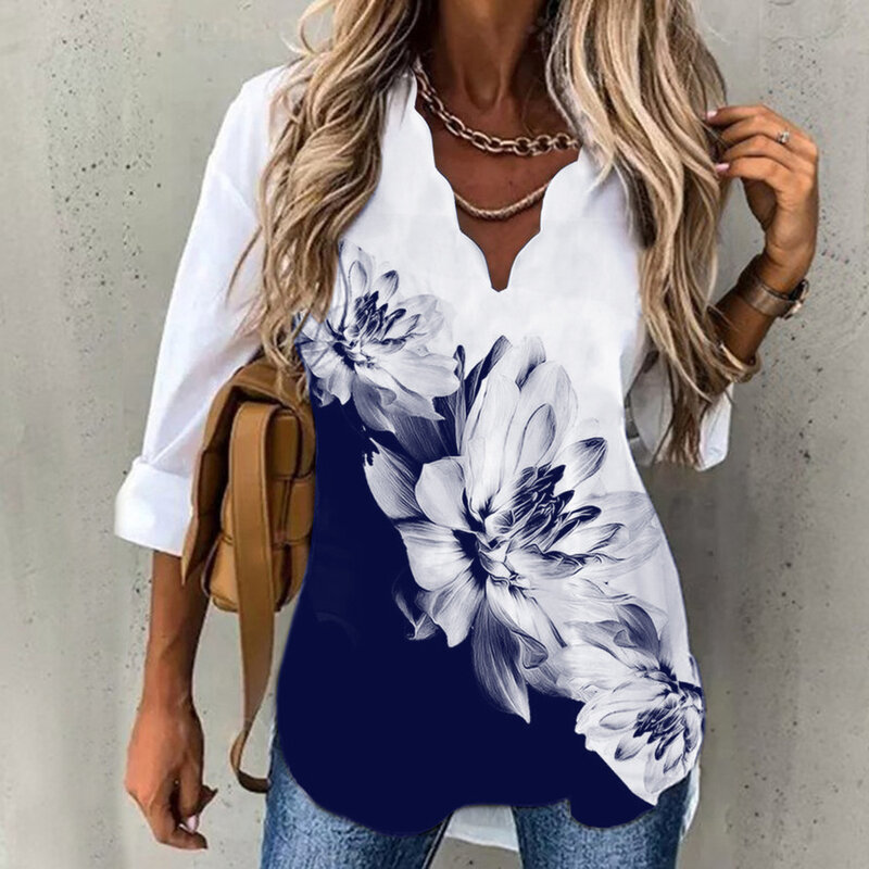 2022 novo outono feminino blusa pulôver floral impressão camisas de grandes dimensões onda com decote em v elegante doce manga longa casual solto topos senhora
