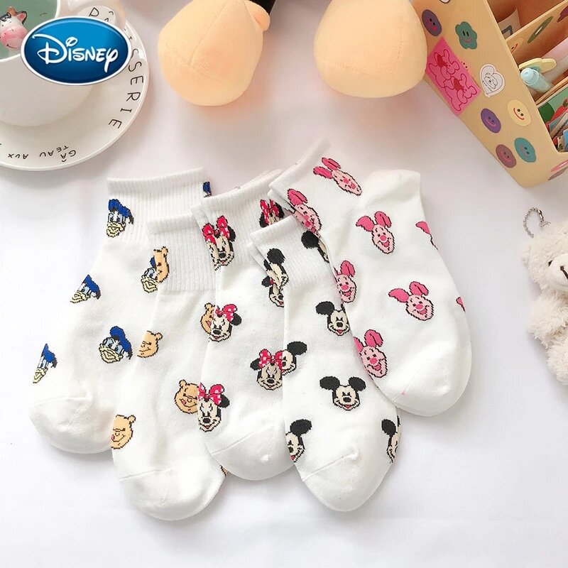 Calcetines de algodón con estampado de Mickey y Minnie para mujer, medias transpirables de Disney, Harajuku, color blanco