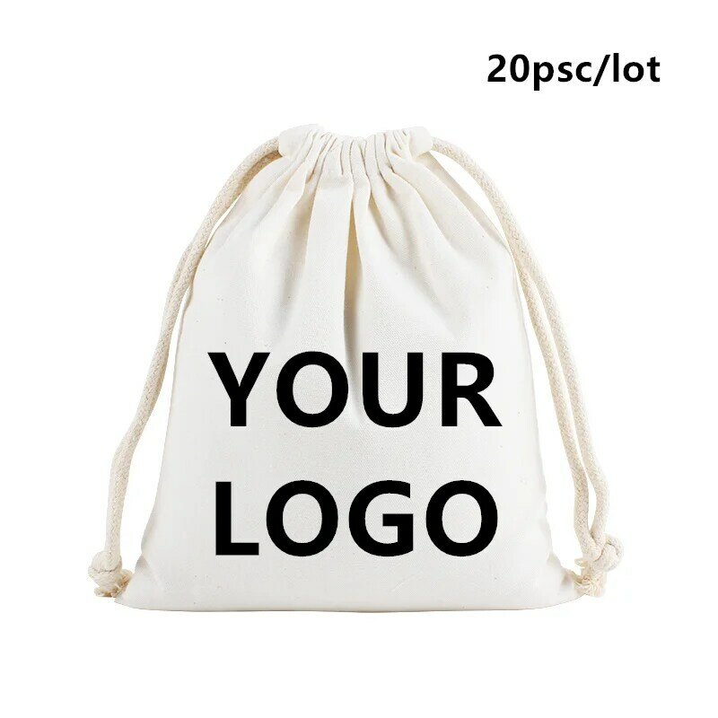 20 Pcs/Lot Customize Logo Printing Cotton Storage Bags Gift Package Custom Pictures Text Personalize Plain Drawstring Pouches