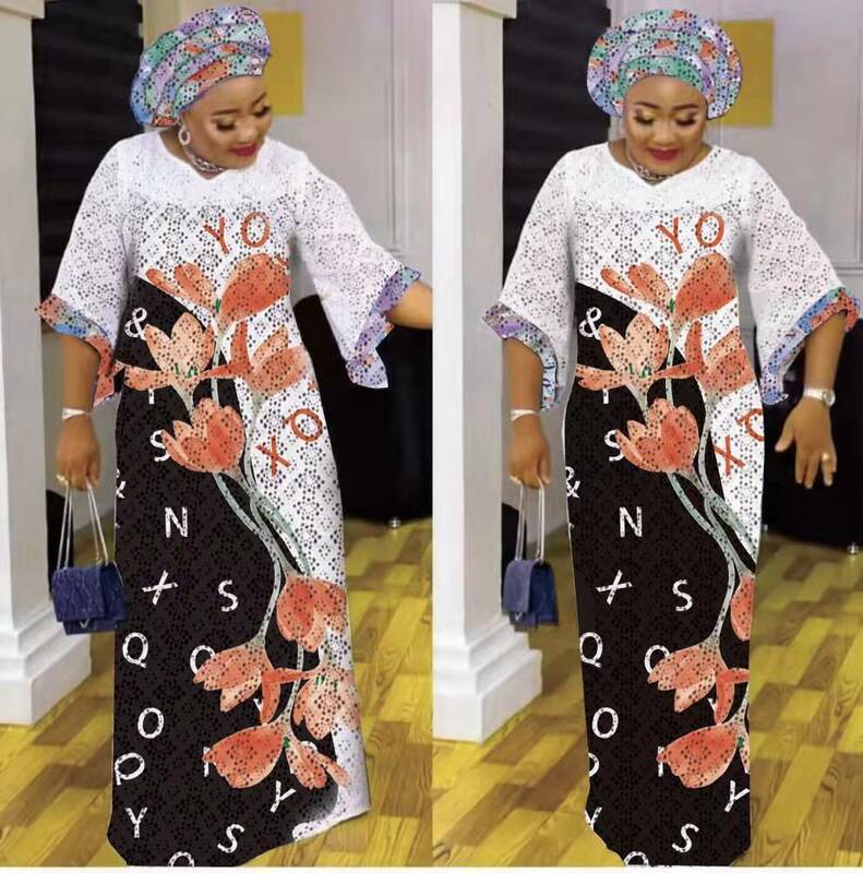 2022 African Dresses for Women African Women O-neck Short Sleeve Printing Polyester Plus Size Long Dress Maxi Dress