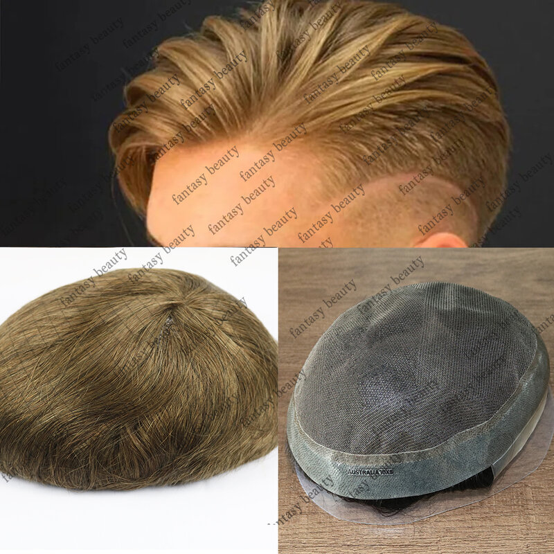 Peluquín de encaje suizo con Base australiana para hombres, peluquín de cabello humano Remy de silicona PU, sistema de reemplazo de peluca
