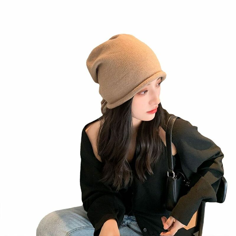 Pop Style Smaller Stacked Hat Fashion Casual Slouchy Beanie Drawstring Stack Hat Show Face Unisex Plain Beanie Hats Women