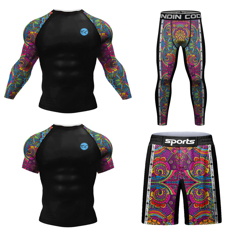Cody Set High Quality Compression Leggings Spats Bjj Rash Guard Set for Men UV Protection Training Swimming Surfing Sport Suit