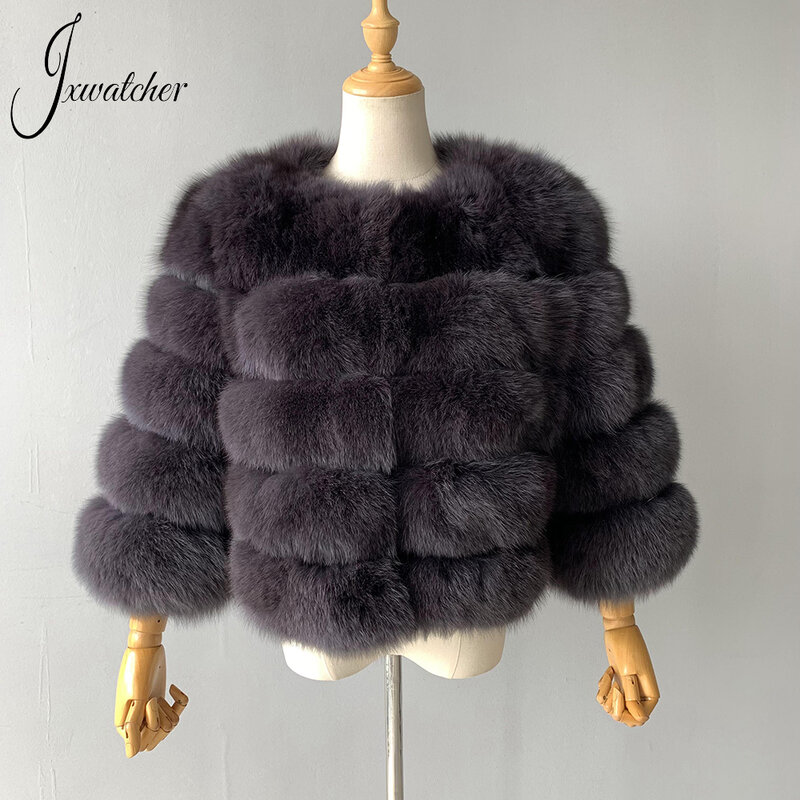Jxwatcher mantel bulu asli wanita, mantel bulu rubah alami klasik musim gugur musim dingin modis hangat gaya pendek jaket bulu wanita