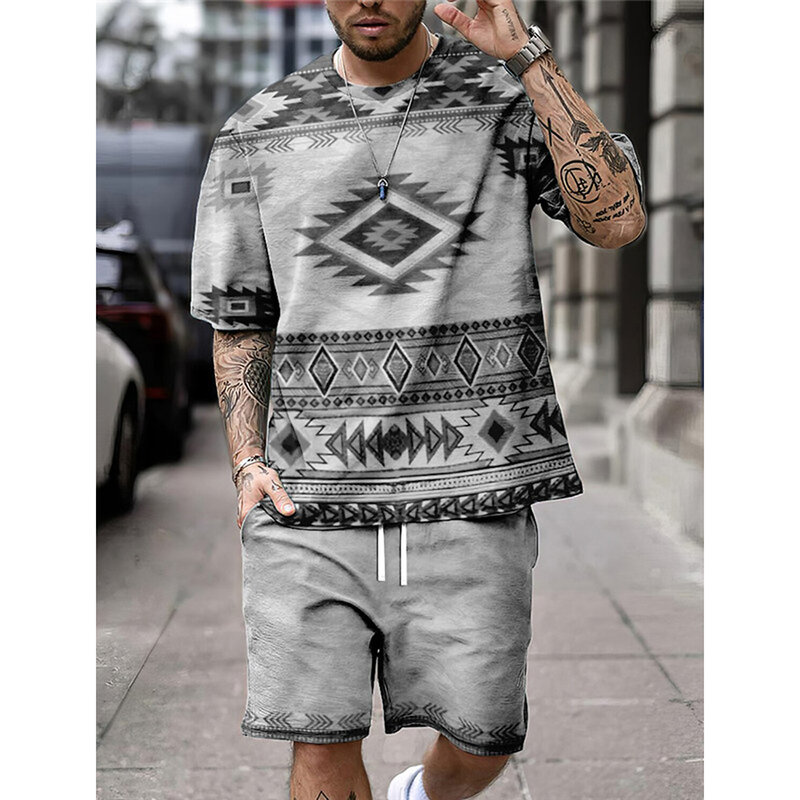 Summer Vintage Bohemia Print Men's T-Shirt Set O-Neck Short-Sleeved Top And Shorts Everyday Street Commuter Casual Wear For Men