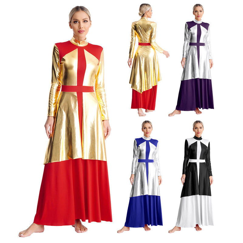 Vestido de baile litúrgico para mujer, Ropa de baile lírico de manga larga, cuello redondo sin mangas, adoración de Iglesia, Maxi vestido de rendimiento