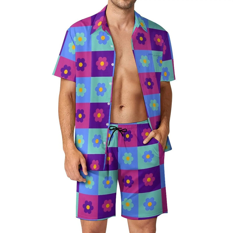 Camisa Colorblock masculina e shorts de praia, impressão 3D, extragrande, manga curta, férias, tendência havaiana, streetwear, 2 peças