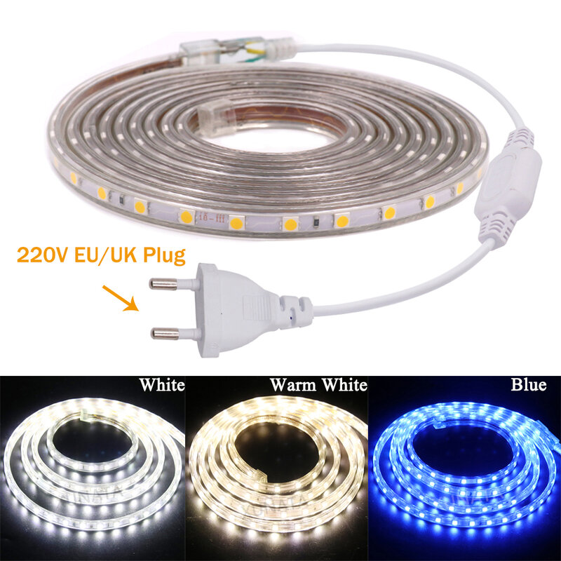 Tira de luces LED AC220V, cinta de 60LEDs/M SMD5050 Flexible con enchufe de la UE/Reino Unido, impermeable, para decoración del hogar