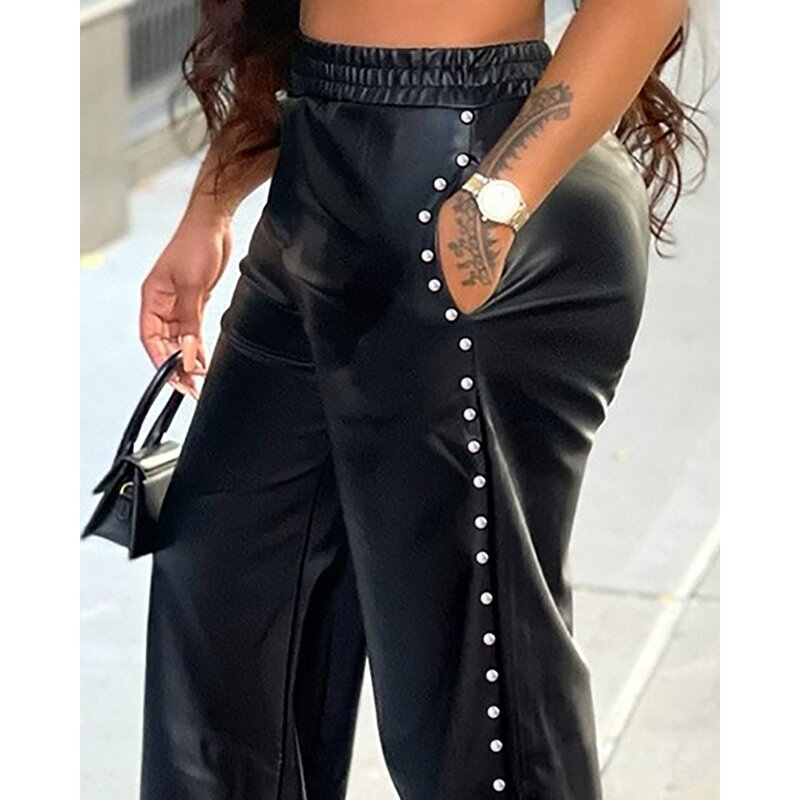 Spring Autumn Women High Waist Wide Leg PU Leather  Pants Casual Female Faux Leather Studded Decor Pants Streetwear Clothing
