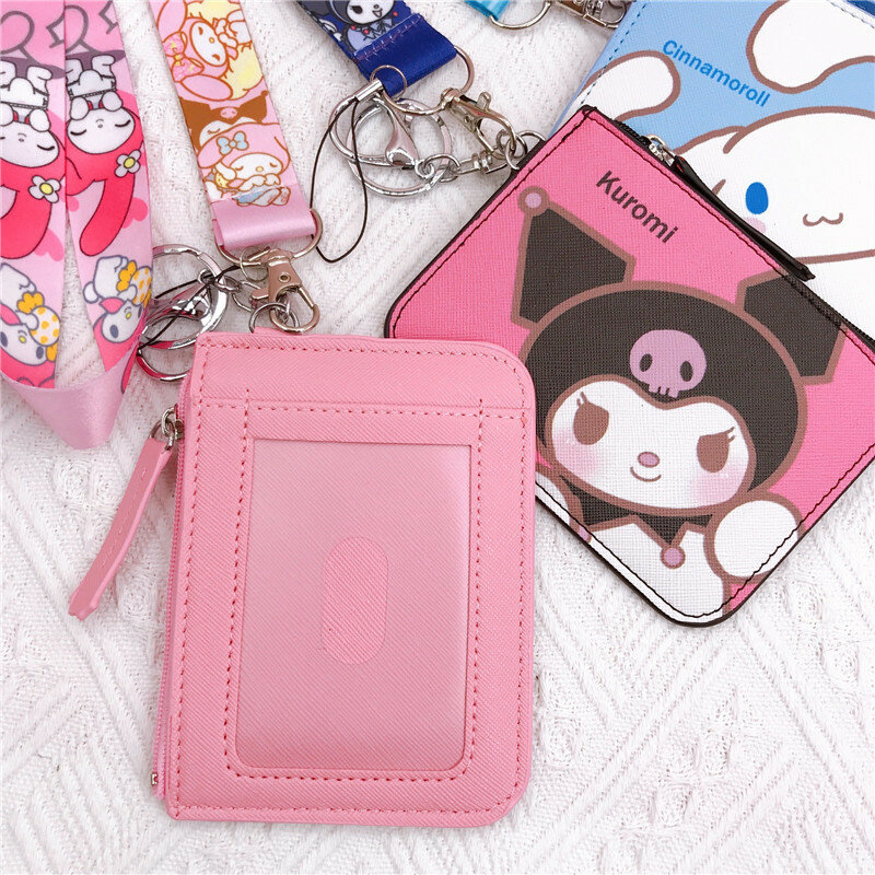 Kawaii Sanrio Kuromi Hello Kitty Cinnamorroll Melody Pachacco Pom Purin Leather Card Holder Lovely Coin Wallet Key Chain Pendant