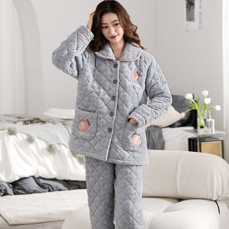 Mulheres Clipe de Três Camadas de Algodão Pijama, Roupa de Casa Quente, Solto, Inverno, M-3XL