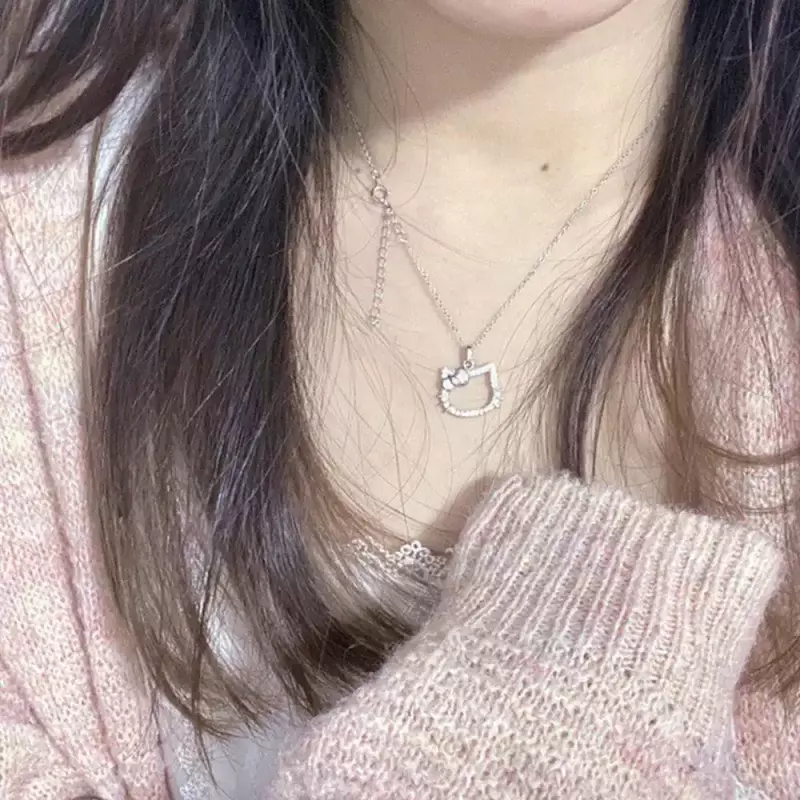 Hello Kitty Sanrio kalung cincin 2K Kuromi Melody rantai paduan kristal perak wanita pesona berlian imitasi Gotik perhiasan Valentine hadiah