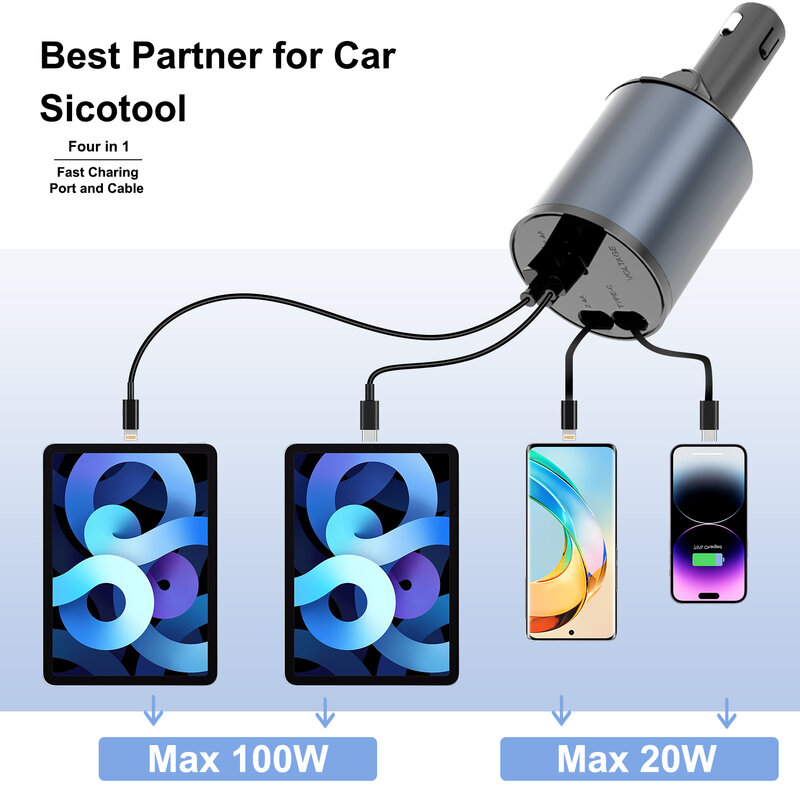 Nieuwe Aankomst 4 In 1 Flexibele Intrekbare Auto Snelle Oplader Voor Apple Usb Type C Super Snelle Oplader Sigarettenaansteker Adapter