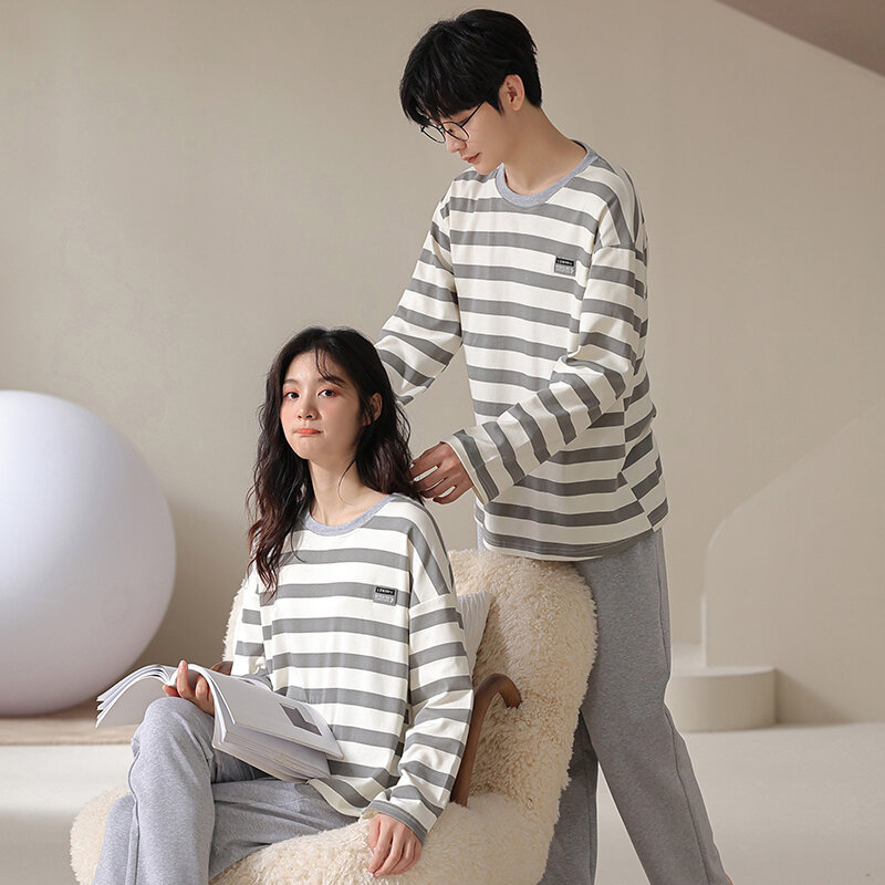 Pijamas de algodón para hombre y mujer, conjunto de ropa de casa informal a rayas, jersey de cuello redondo, M-3XL primavera y otoño