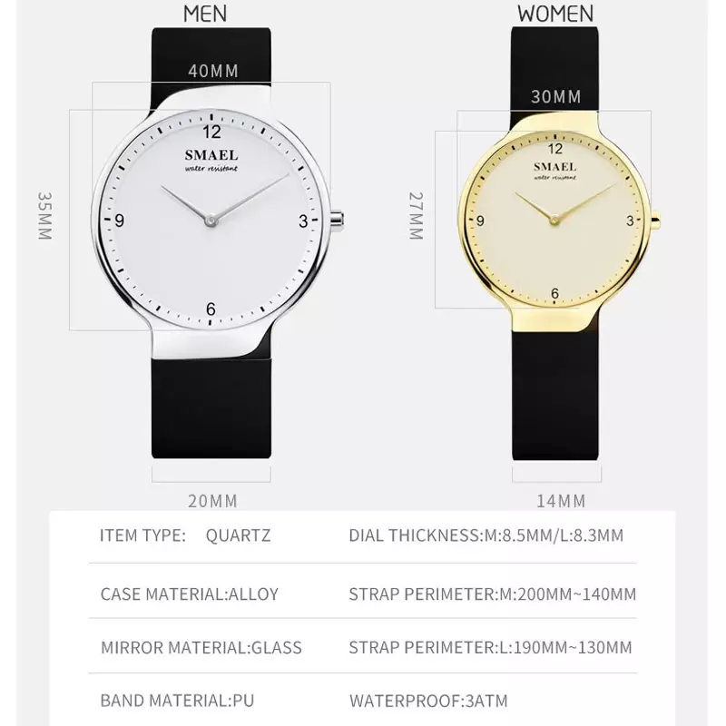 SMAEL 여성용 원피스 시계, 럭셔리 커플 시계, 날짜 방수 가죽 스트랩, 쿼츠 아날로그 실리콘 손목시계, 연인