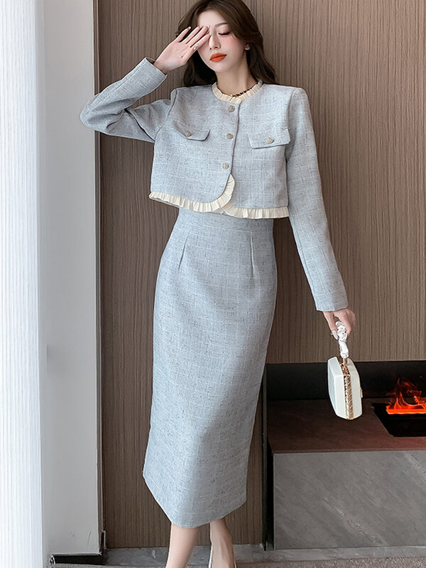 Conjunto de dos piezas de Tweed elegante para mujer, Chaqueta corta con volantes y falda Midi de cintura alta OL, fragancia pequeña, moda de otoño