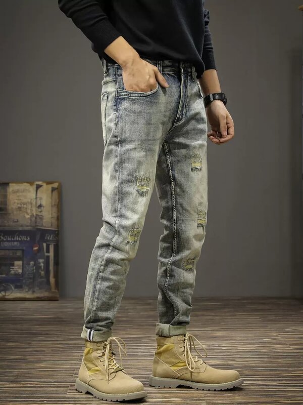 Projektant mody męskie jeansy Retro myte rozciągliwe dopasowanie Fit porwane jeansy męskie spodnie łatane Vintage casualowe spodnie jeansowe Hombre