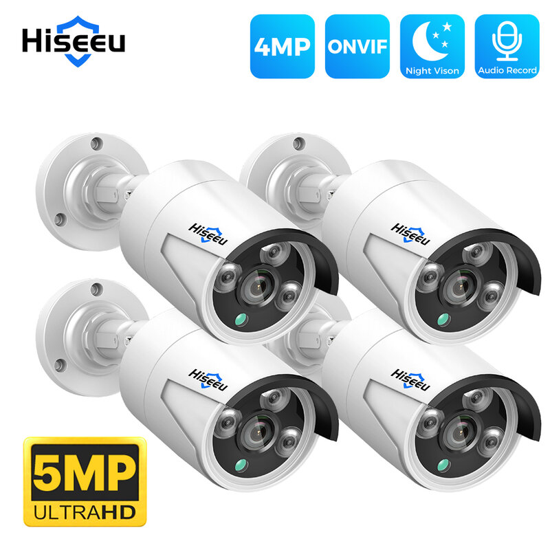 Hiseeu-POE Câmera CCTV IP com Vigilância com Fio, Bala de Segurança à Prova D 'Água, Áudio ONVIF, Vídeo H.265, Exterior, 4MP, 5MP