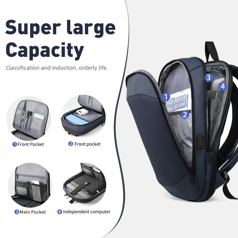 HcanKcan 남성용 비즈니스 방수 배낭, 17 인치 노트북 작업 팩, YKK 지퍼 확장형 여행 가방, USB 충전, 패션