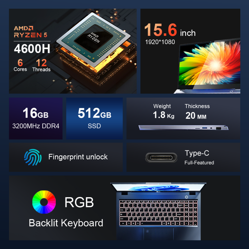 Ninkear Laptop A15 Air 15.6" FHD IPS 16GB DDR4 512GB SSD AMD Ryzen5 4600U Fingerprint Unlock Backlit Keyboard Windows 11