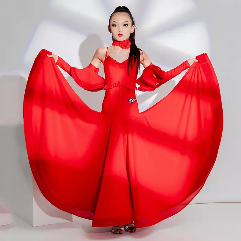 2024 Girls Ballroom Dance Competition Dress Red Performance Costume Kids Waltz Dance ClothesProm Latin Dress Stage Wear