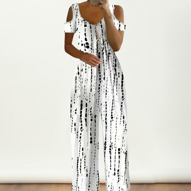 Wide Leg Jumpsuit Stylish Women's Hollow Out Shoulder Jumpsuit with Printed V Neck Wide Leg for Summer Vacation Office Wear High