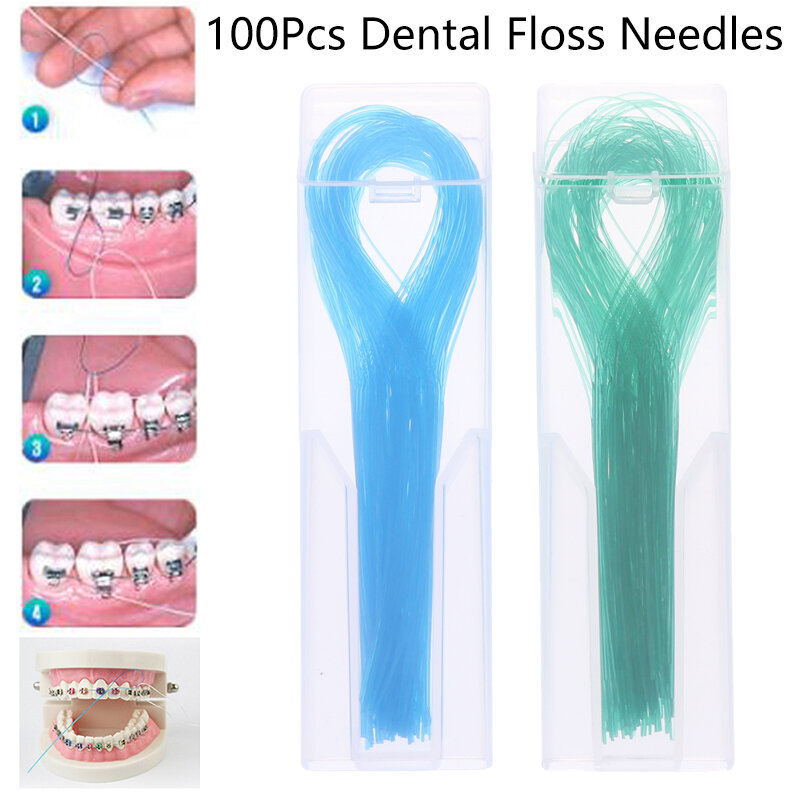 100Pcs Dental Floss Threader Dental Traction Line Oral For Crown Brace Bridge Implant Hoop Threading Braces Steel Traction