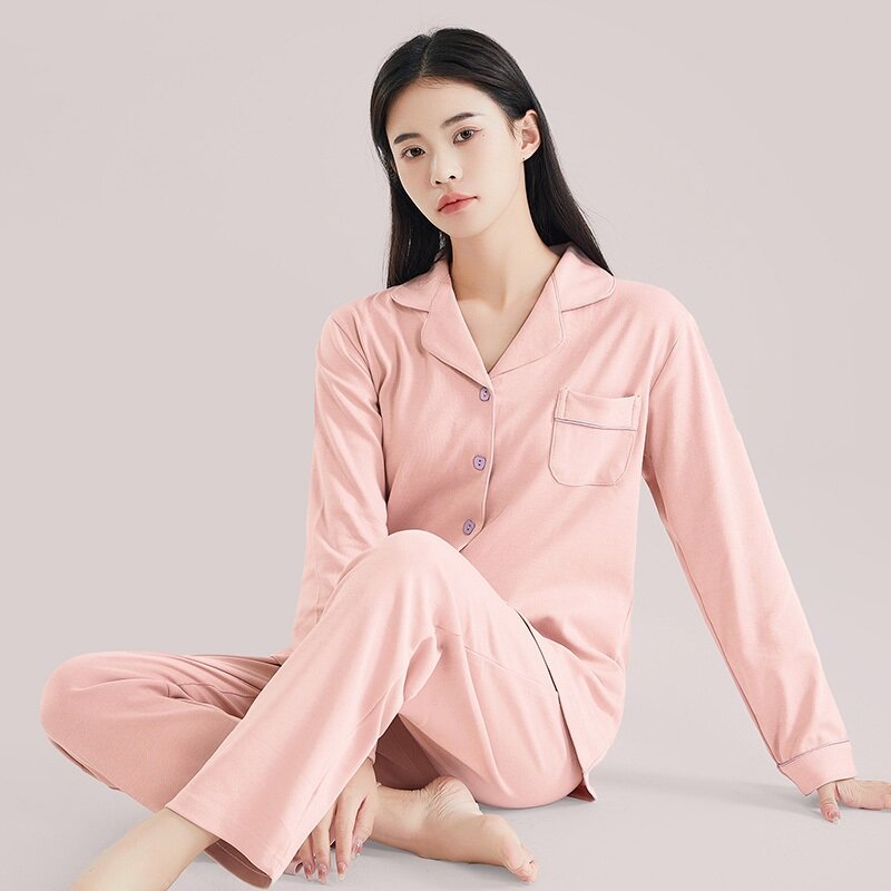 Pijama de algodón fino para Mujer, conjunto de ropa de dormir de manga completa con botones, color blanco, Invierno