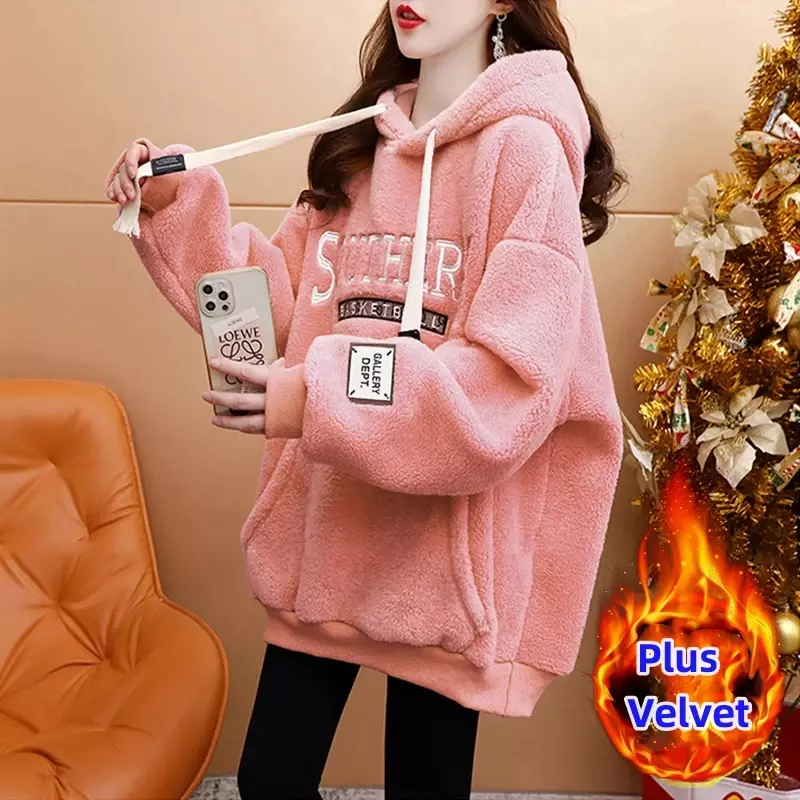 Hoodies Pullovers Girl's Christmas Day Tops Loose Korea Style Streetwear Fleece Hooded Sweatshirts Happy New Year Women Clothes