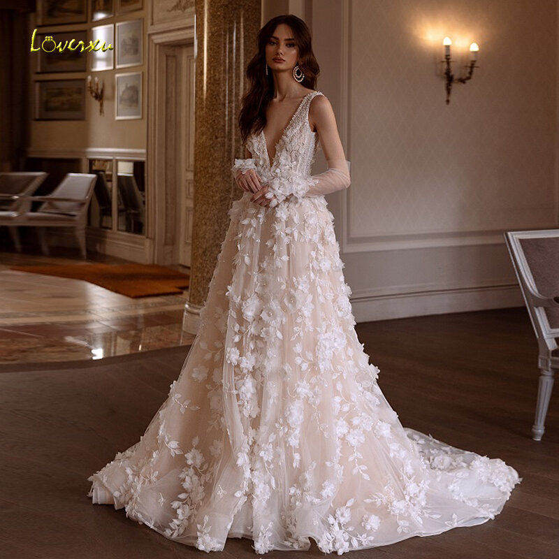 Loverxu a-line abiti da sposa glamour 2024 scollo a v senza maniche Vestido De Novia Appliques fiori 3D affascinante Robe De Mariee