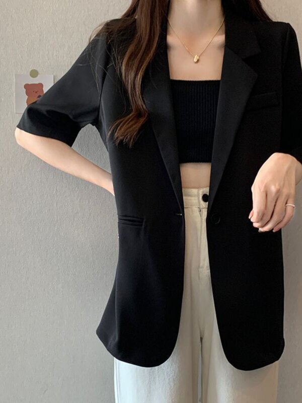 여성 반팔 얇은 세트, 한국 스타일 세트 재킷, 캐주얼 루즈핏, 올매치 오피스 레이디 단색 블레이저 탑, 2024 여름 신상
