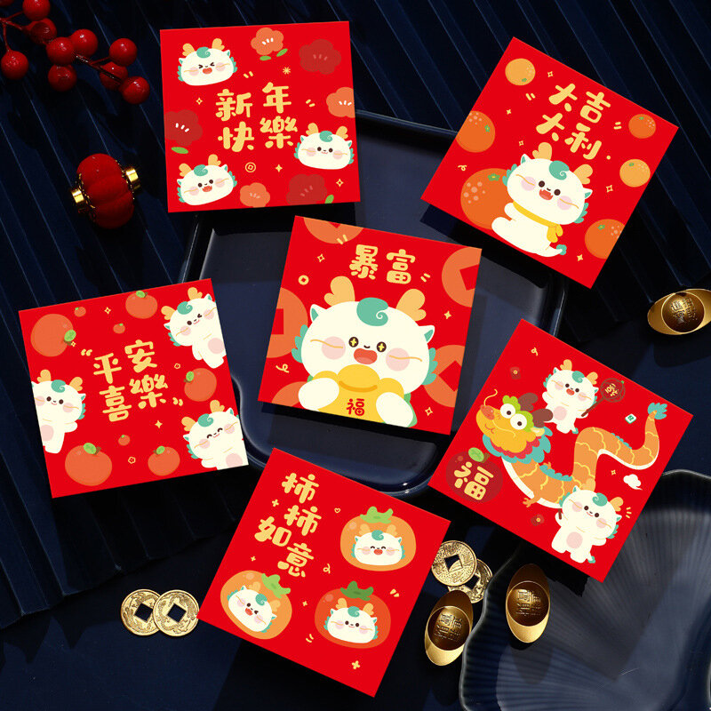 6 buah Aksesori Tahun Baru Cina saku uang keberuntungan Tahun Naga amplop kartun Festival Musim Semi amplop merah tas uang keberuntungan